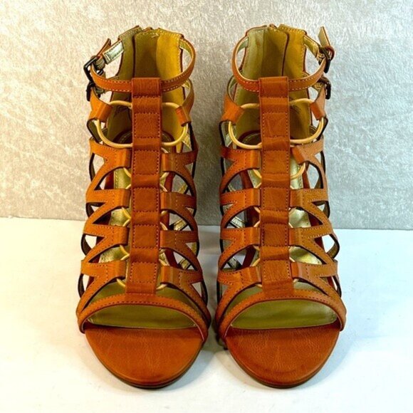 RAMPAGE Sandals Womens 9.5 Brown Strappy Ankle Block Heel Back Zip - Picture 3 of 11